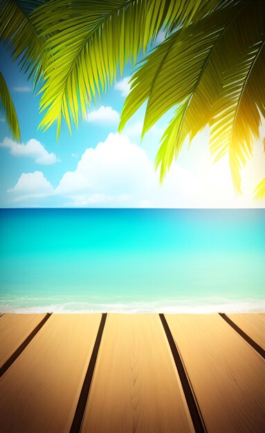 Summer background with a wooden floor and a tropical beach