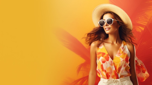 Photo summer background of woman in sunglasses and hat