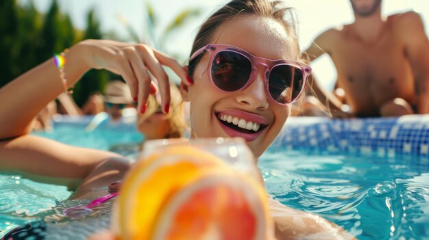 Foto sfondio estivo di una donna che indossa occhiali da sole in una piscina