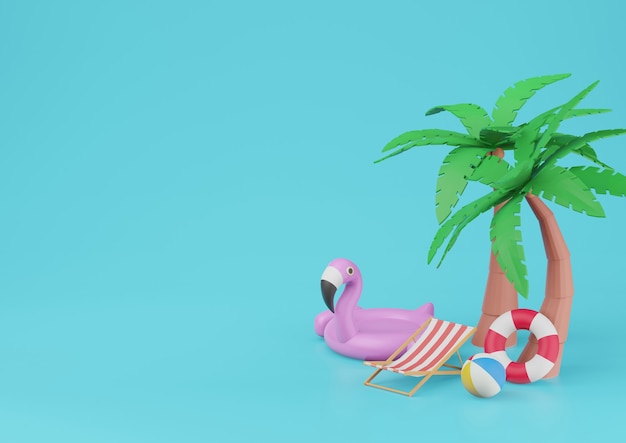 Summer Banner with Beach Elements on The Blue Background 3d Rendering.