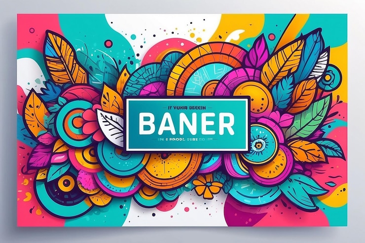Photo summer banner with colorful doodle background design template for event and sale promotion poster