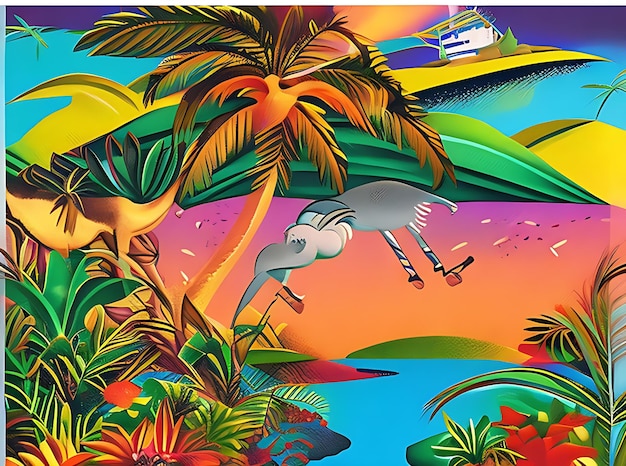 A summer banner with a tropical island paradise featuring a sunset and exotic wildlife