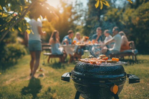 写真 夏のバーベキューパーティーが晴れた裏庭で盛り上がっています