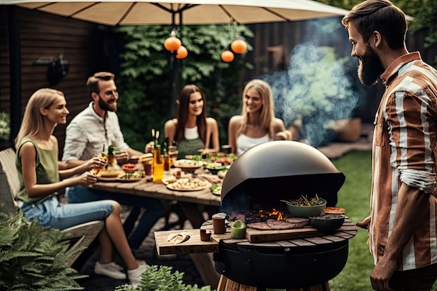 Summer barbecue party with friends in garden with firewood and backyard grill