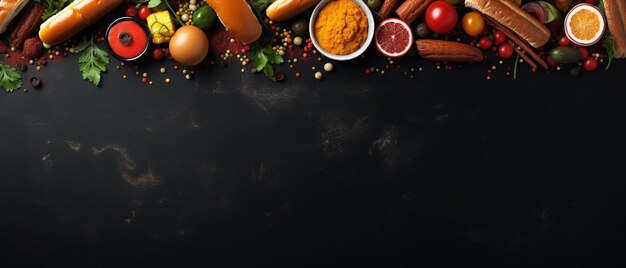 summer bbq food corner border with hot dog and hamburger buffet top down view over a dark slate