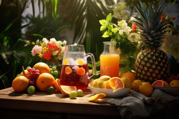 A summer BBQ scene with a pitcher of rum punch surrounded by fresh fruits