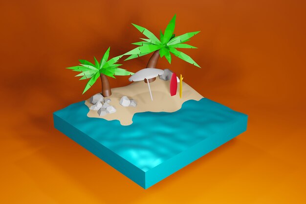 Summer beach 3d rendering in riva al mare con ombrellone e sedia illustrazione vettoriale di sfondo estivo per vacanze in spiaggia