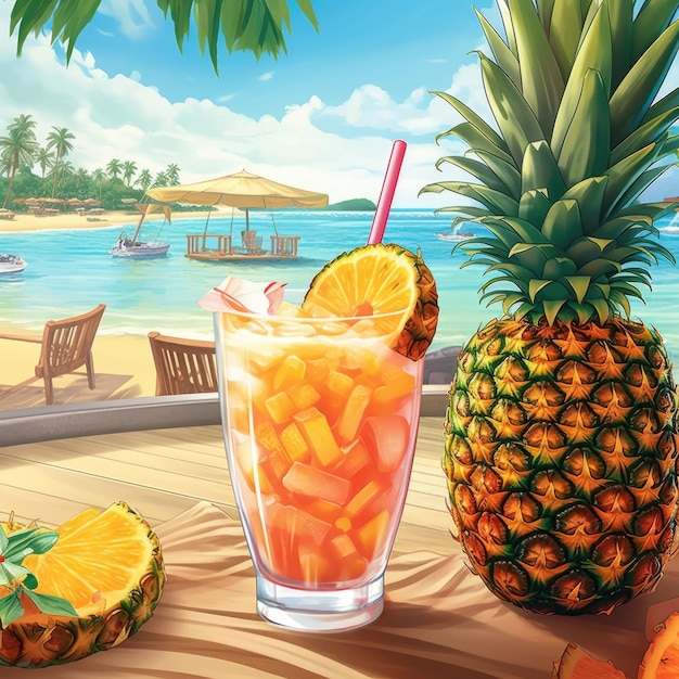 In summer beach background drink pineapple cocktail Illustration Generative AI