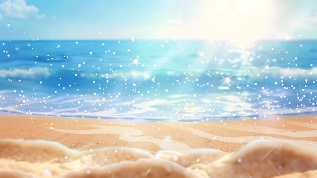 Summer beach background with blurred colouring Modern realistic illustration of a sandy island coast with shimmering particles