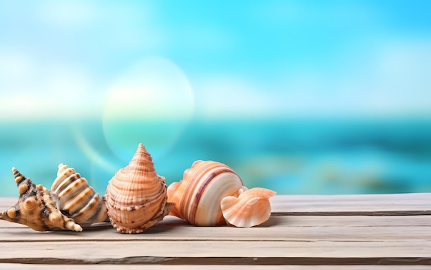 Summer beach background with seashells hat and palm leaf on sand