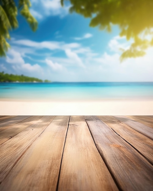 Летний пляжный фон с деревянным столом идеально подходит для демонстрации продуктов Generative AI
