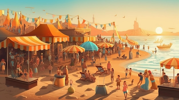 Иллюстрация атмосферы вечеринки в летнем пляжном баре Generative AI