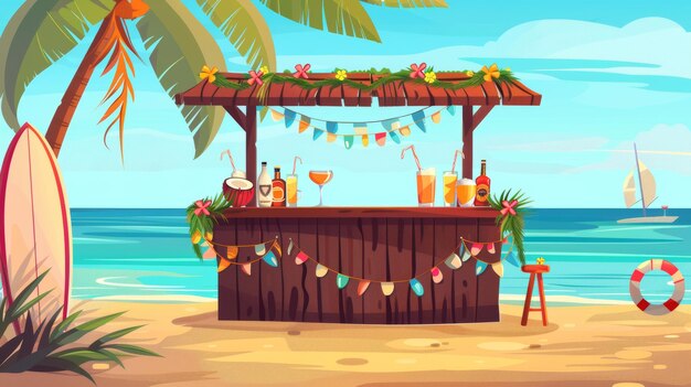 Summer beach bar with surfing board and alcohol cocktail on counter against sea background Modern cartoon illustration