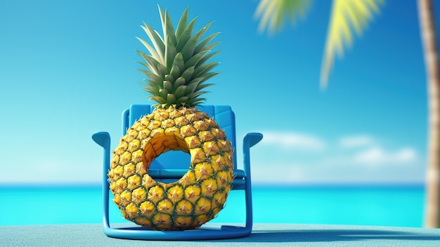Summer beach concept chair with ring floating and pineapple on blue background