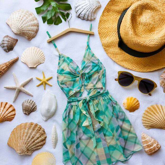 Photo summer beach dress items shells starfish sunglasses straw hats on a white background for pictures travel holidays and travel