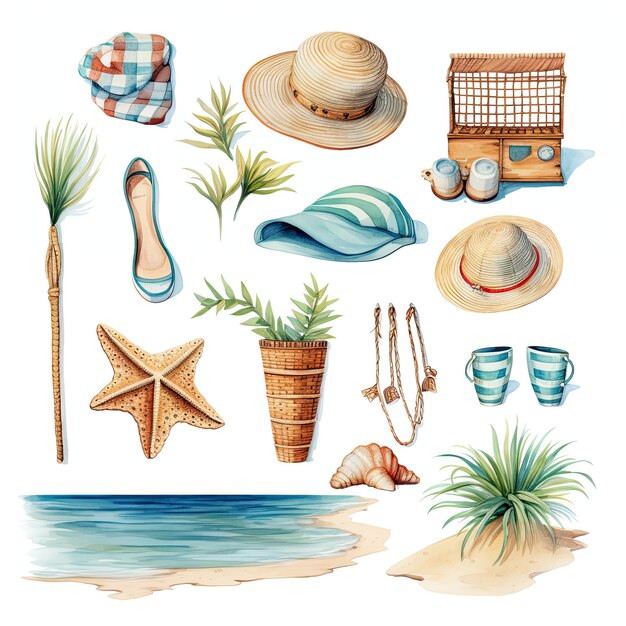 Photo summer beach hand drawn watercolor ball bag hat palm branches coconuts on a white background