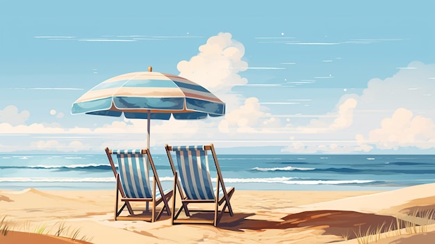 夏のビーチ イラスト 太陽の椅子 傘 と 晴れた 空