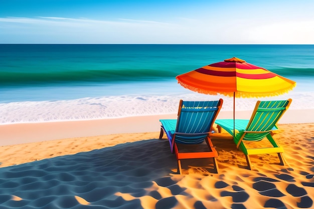Summer beach landscape Colorful beach chairs and umbrellas by the ocean shore