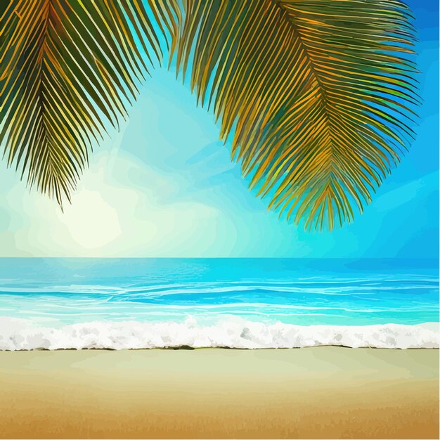 Summer on beach Palms and plants around Vector illustration Summer vacation on the sea coast whit