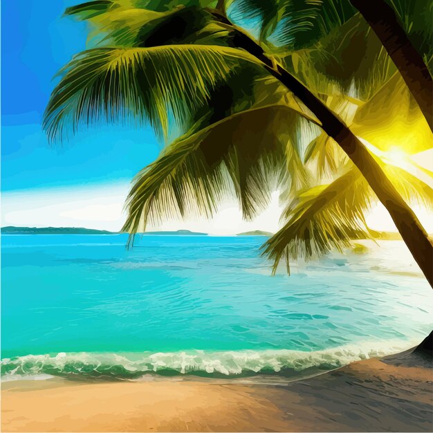 Summer on beach Palms and plants around Vector illustration Summer vacation on the sea coast whit