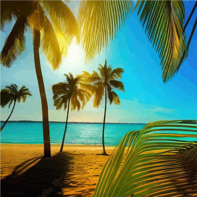 Summer on beach Palms and plants around Vector illustration Summer vacation on the sea coast whit