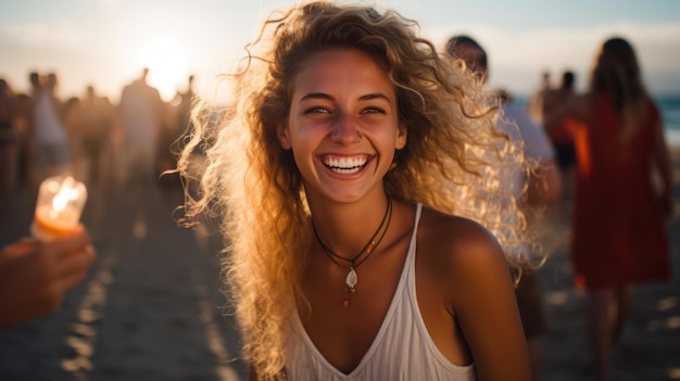 満面の笑みを浮かべて興奮した金髪女性の夏のビーチのポートレート