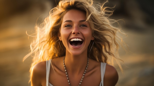 Summer beach portrait of excited blonde woman smiling broadly