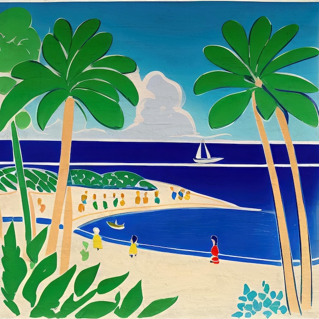 사진 여름 해변 복고풍 그림 애니메이션 스타일 예술적 풍경화