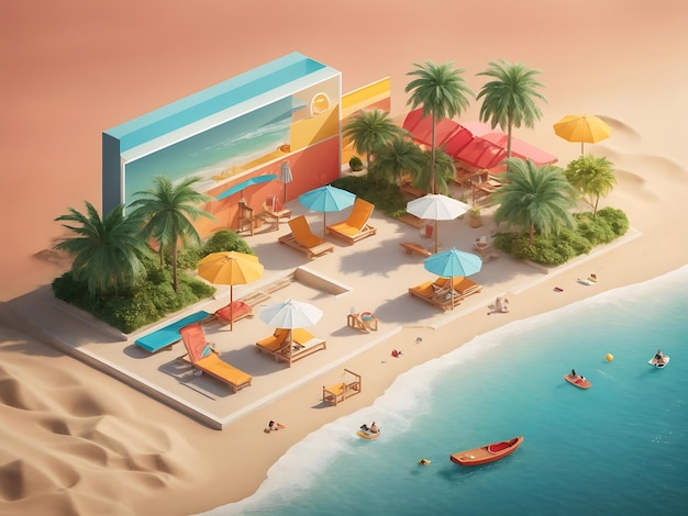 Summer Beach Scene Minimalistische isometrische 3D-illustratie en vectorkunst