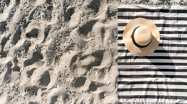 Photo summer beach scene with a straw hat on a striped towel relaxation and vacation concept captured from above simple and elegant lifestyle representation ai