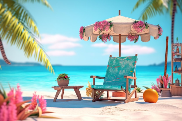 파라솔과 의자 배경이 있는 여름 해변 장면