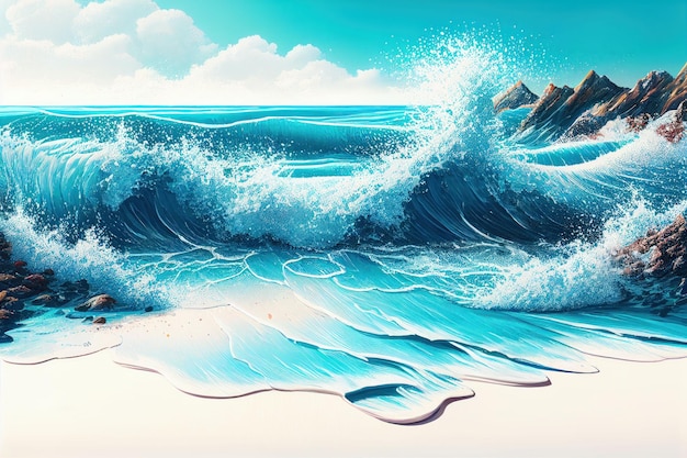 Summer beach seascape and sea wave runs over the sandy shore Created with Generative AI technology