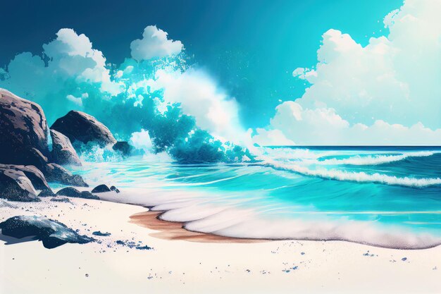 Summer beach seascape and sea wave runs over the sandy shore Created with Generative AI technology