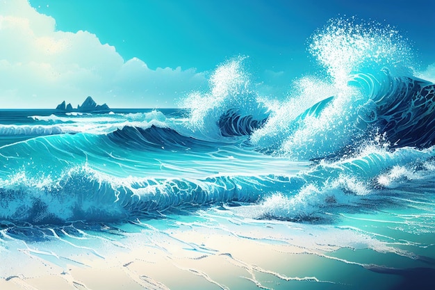 Summer beach seascape and sea wave runs over the sandy shore Created with Generative AI technology