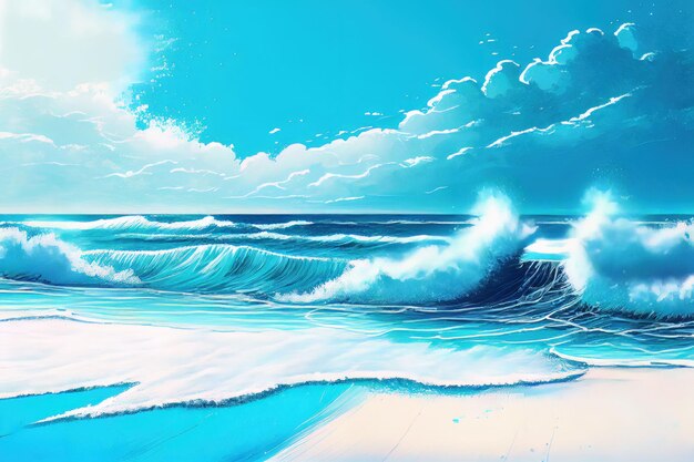 Summer beach seascape and sea wave runs over the sandy shore created with generative ai technology