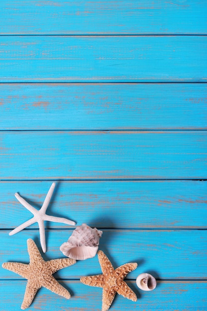 Summer beach seashore background starfish blue old wood vertical