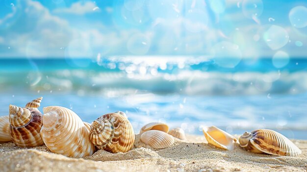 Summer beach and shells with blurred blue sea and sky