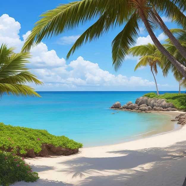 Summer beach at sunny day with blue sky and blue ocean generated by AI