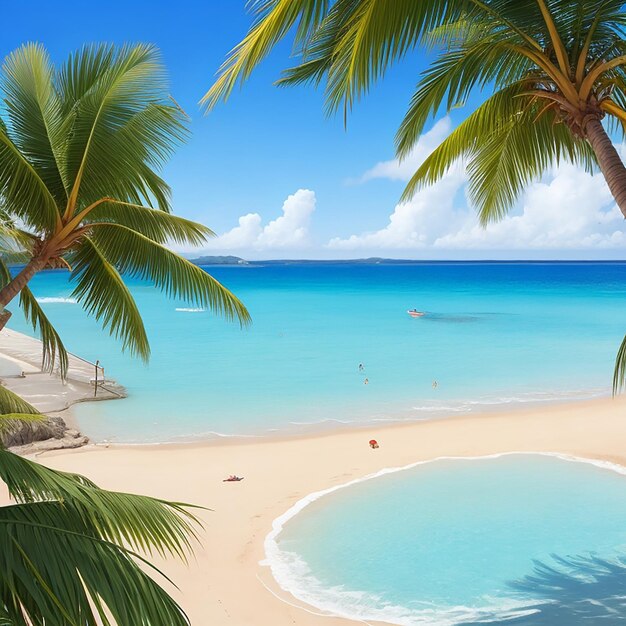 Summer beach at sunny day with blue sky and blue ocean generated by AI