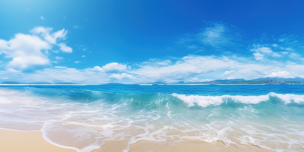 летний пляж в солнечный день с голубым небом и голубым океаном