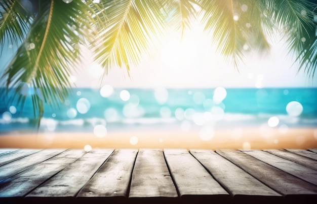 Summer beach table with blurred palm leaves and defocused bokeh lights on the ocean in the background Wooden plank in abstract landscape