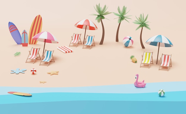 summer beach top view with beach chair ball inflatable flamingo umbrellacoconut tree starfish rubber raft surfboard landscape background concept 3d illustration or 3d render