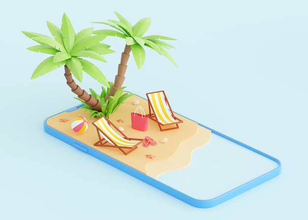 Summer beach vacation 3d render cartoon tropical sandy island with palm trees and elements for coastal holiday