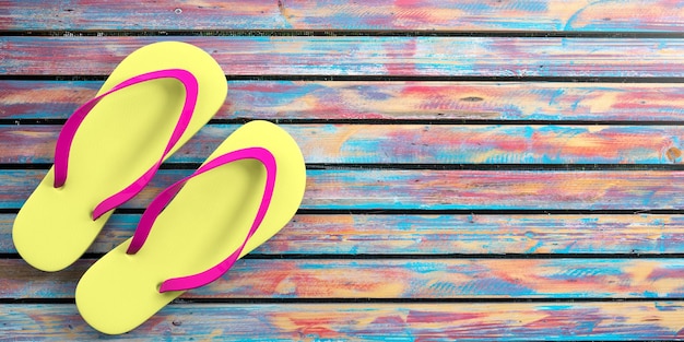 Photo summer beach vacation flip flops on colorful wooden background top view copy space 3d illustration