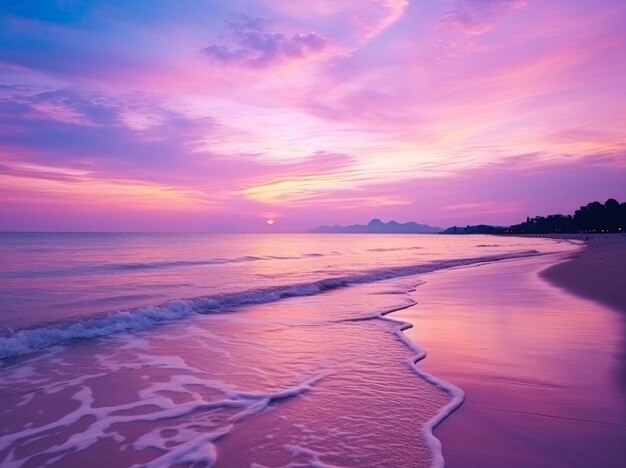 Summer beach with blue water and purple sky at the sunset