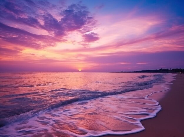 Summer beach with blue water and purple sky at the sunset