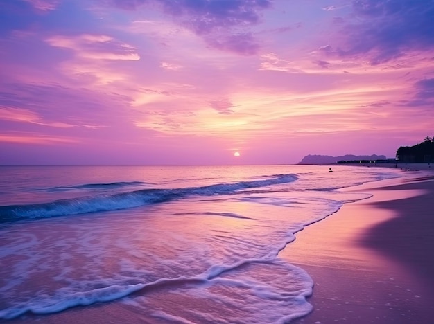 Summer beach with blue water and purple sky at the sunset