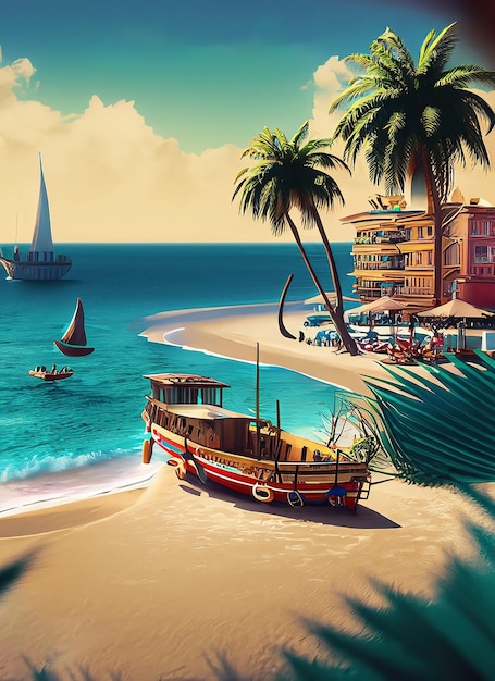 Summer beach with a boat and some palm trees in the city Generative Ai