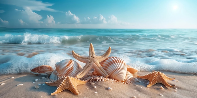 Summer beach with starfish and shells with background sea Space for text