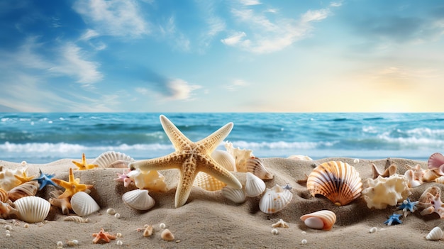 Foto spiaggia estiva con stelle marine e conchiglie